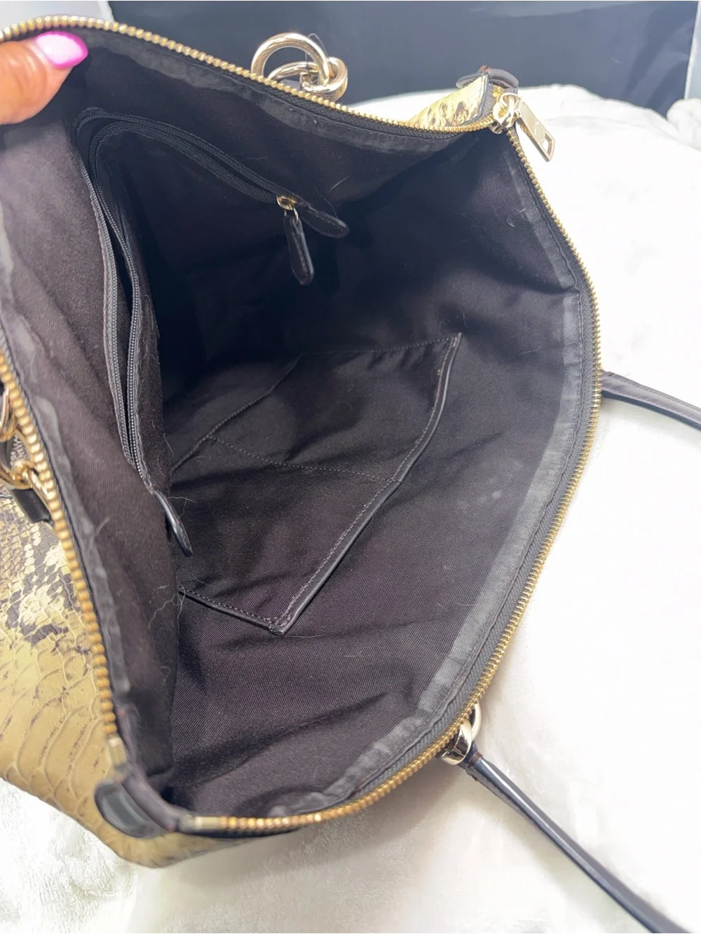 Coach Snake Print Satchel Handbag Brown Tan Leather Trim Gold Hardware